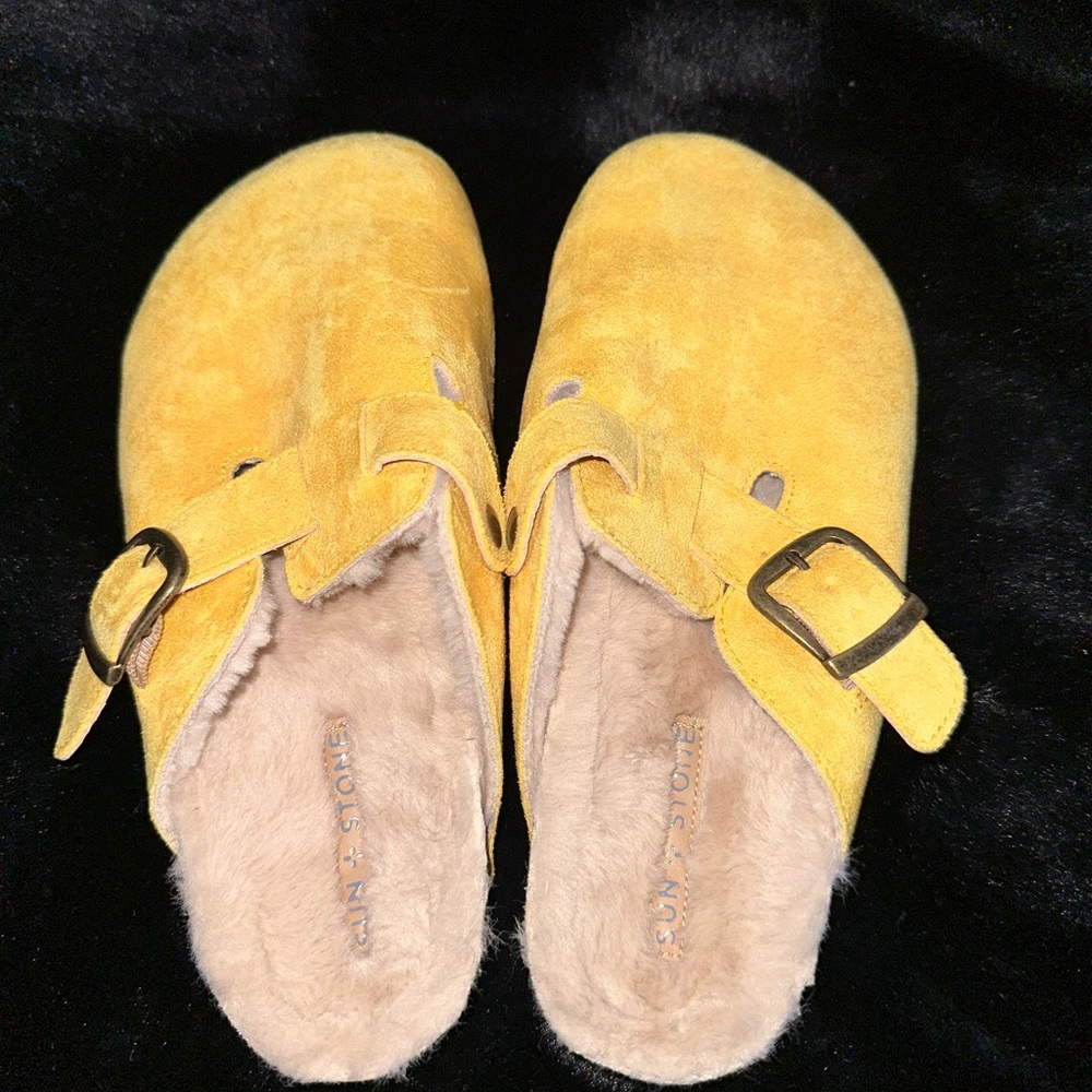Yellow suede fur lined clog